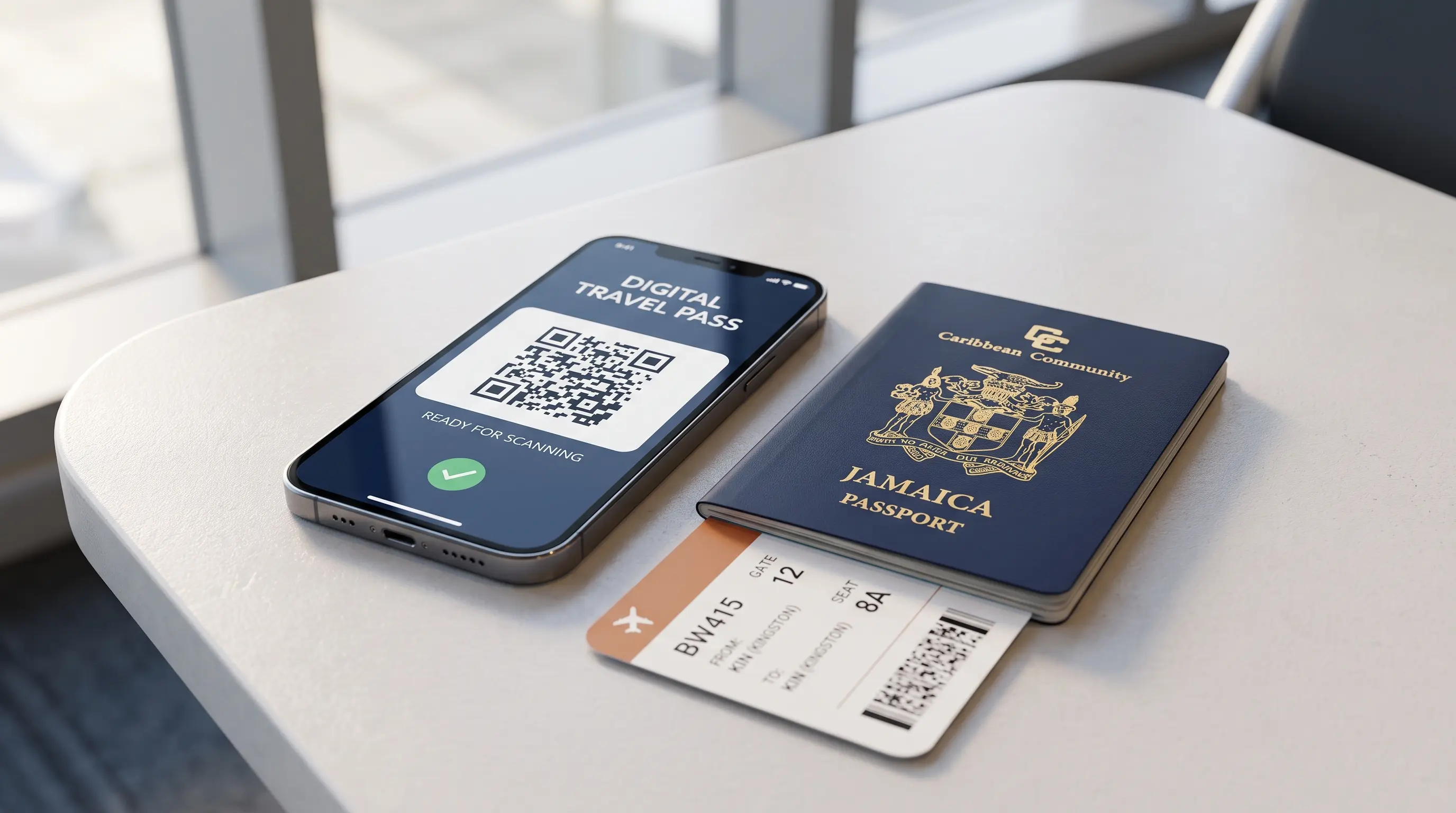 Jamaican passport, boarding pass and phone on an airport counter