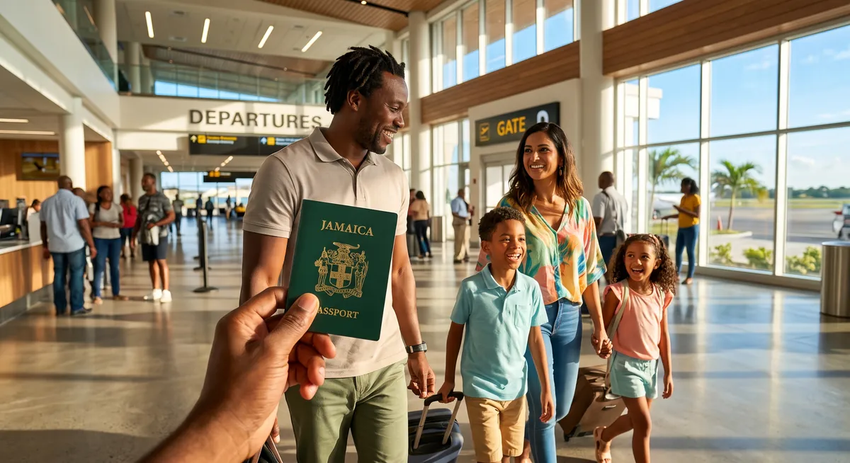 Family travelling through an airport with passports