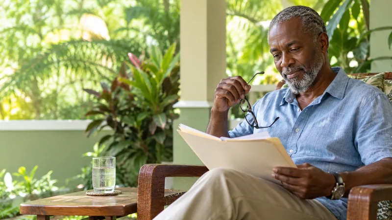 Retired Jamaican man reading his papers on a veranda