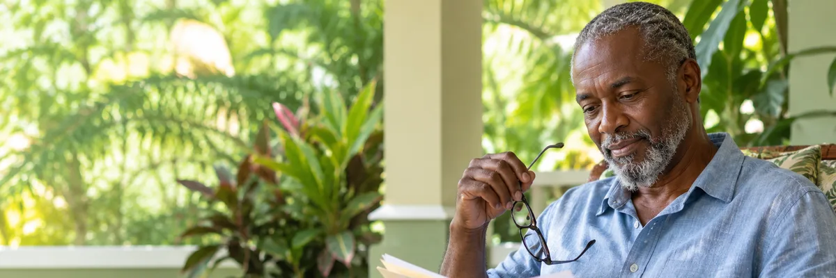 Retired Jamaican man reading through his papers on a shaded veranda