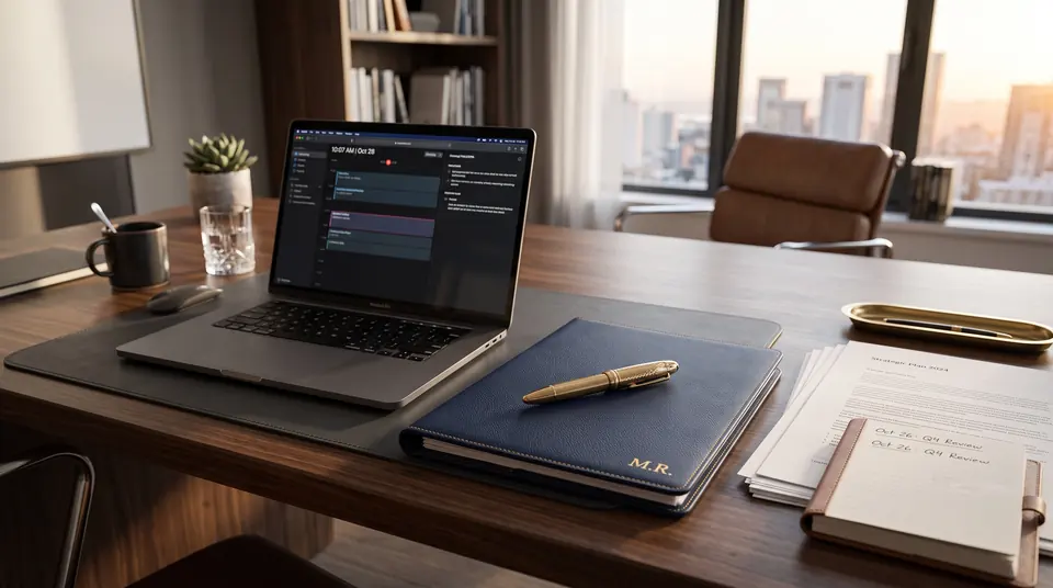 Desk with a laptop, notebook and documents