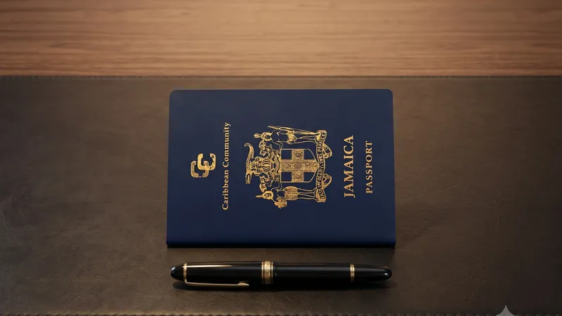 Jamaican passport and pen on a desk