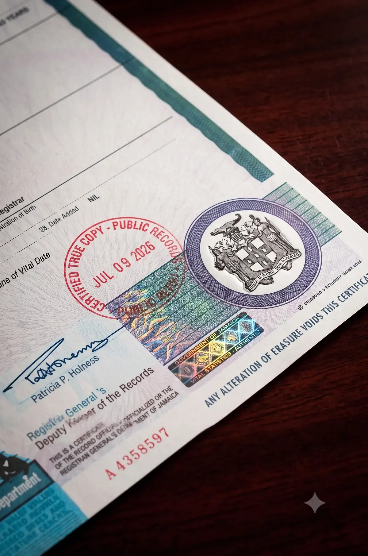 Jamaican birth certificate with an RGD application form