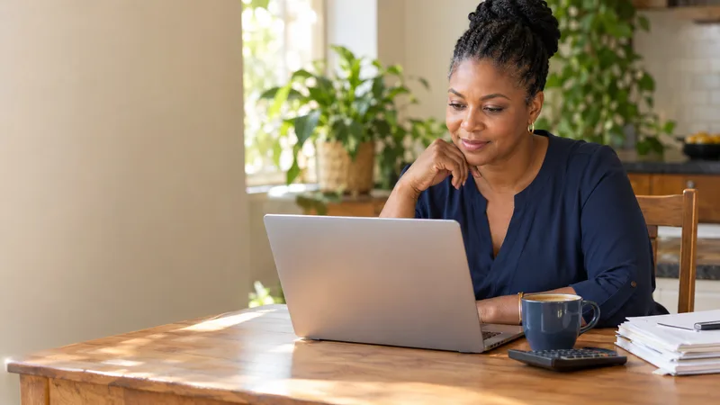Self-employed woman reviewing her figures on a laptop