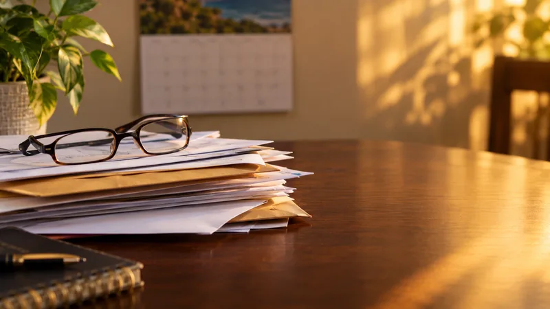 A pile of unopened envelopes and papers on a desk